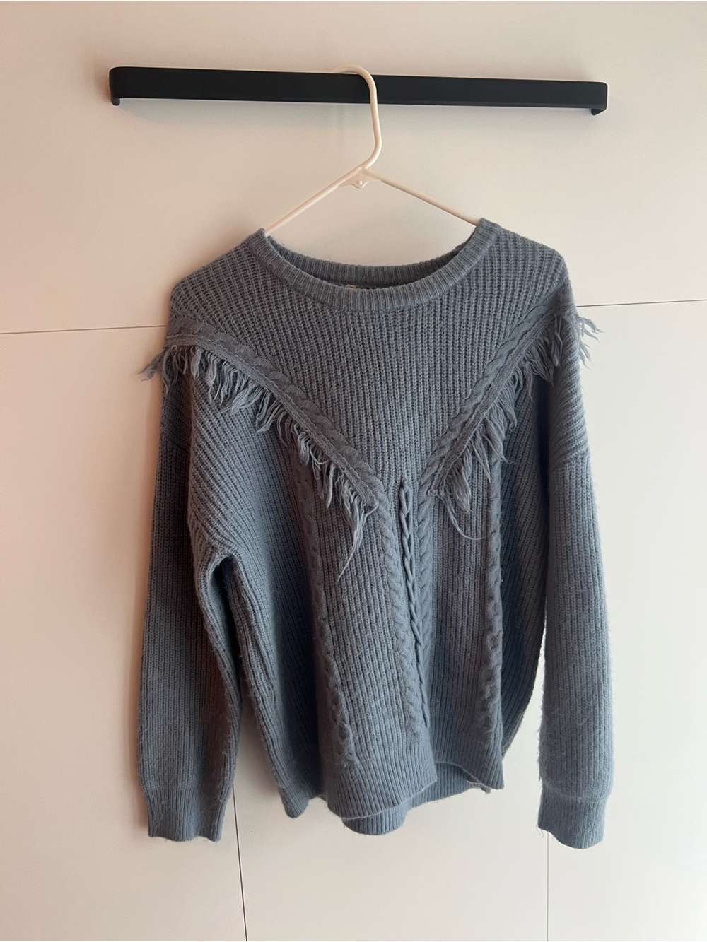 Dreamers Light blue Fringe-Trim Cable Knit Crew Sweater
